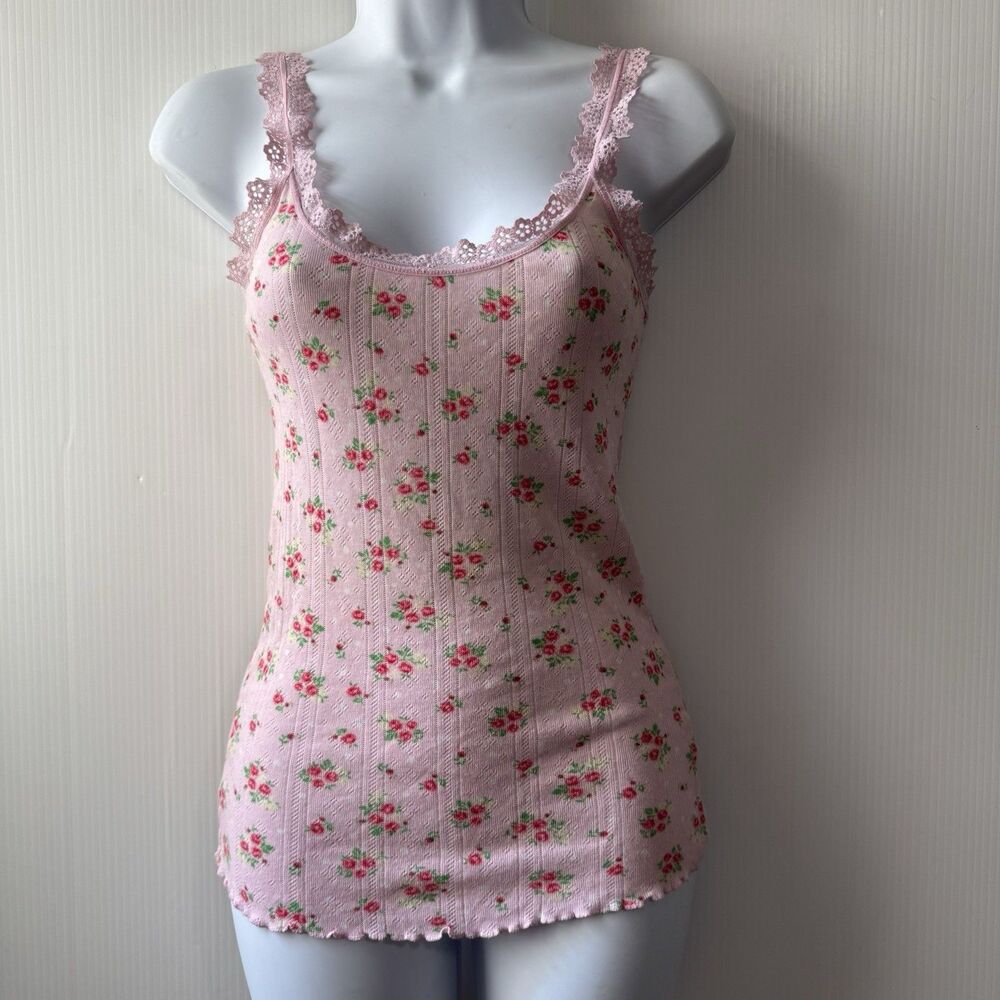 Victoria’s Secret Y2K Pink Floral Lace Trim Cotton Cami XS Balletcore Coquette